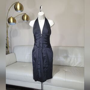 Nwot Vintage 80s Silk black pencil open back halter dominatrix Dress